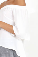 White Bardot Split Back Dipped Hem Top - Cici-Tops