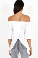 White Bardot Split Back Dipped Hem Top - Cici-Tops
