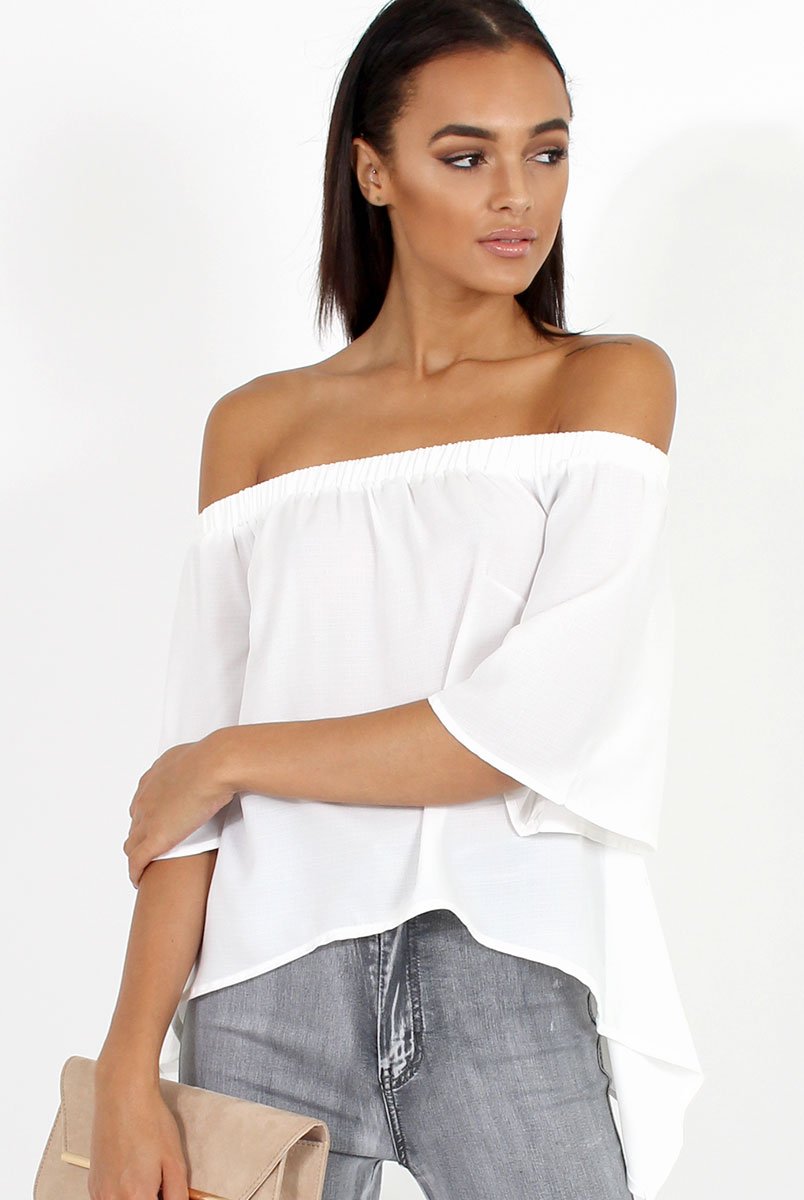 White Bardot Split Back Dipped Hem Top - Cici-Tops