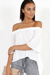 White Bardot Split Back Dipped Hem Top - Cici-Tops