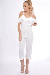 White Bardot Strap Frill Cropped Jumpsuit - Leni-Jumpsuits