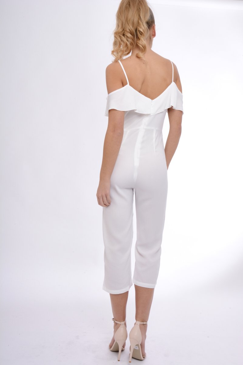 White Bardot Strap Frill Cropped Jumpsuit - Leni-Jumpsuits