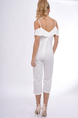 White Bardot Strap Frill Cropped Jumpsuit - Leni-Jumpsuits