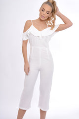 White Bardot Strap Frill Cropped Jumpsuit - Leni-Jumpsuits