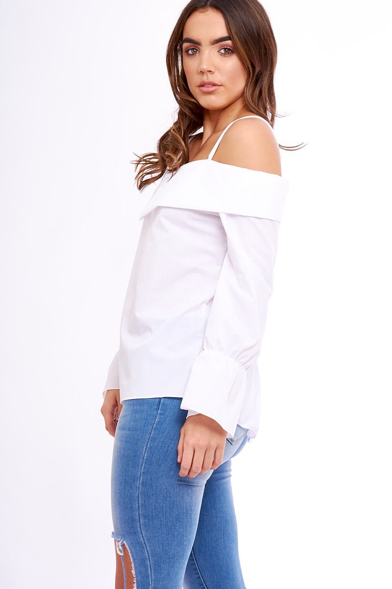 White Bardot Strappy Bell Sleeve Top - Kandice-Tops