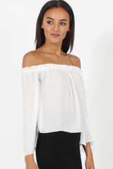 White Bardot Three Quarter Bell Sleeve Crop- Chantelle-Crop Tops