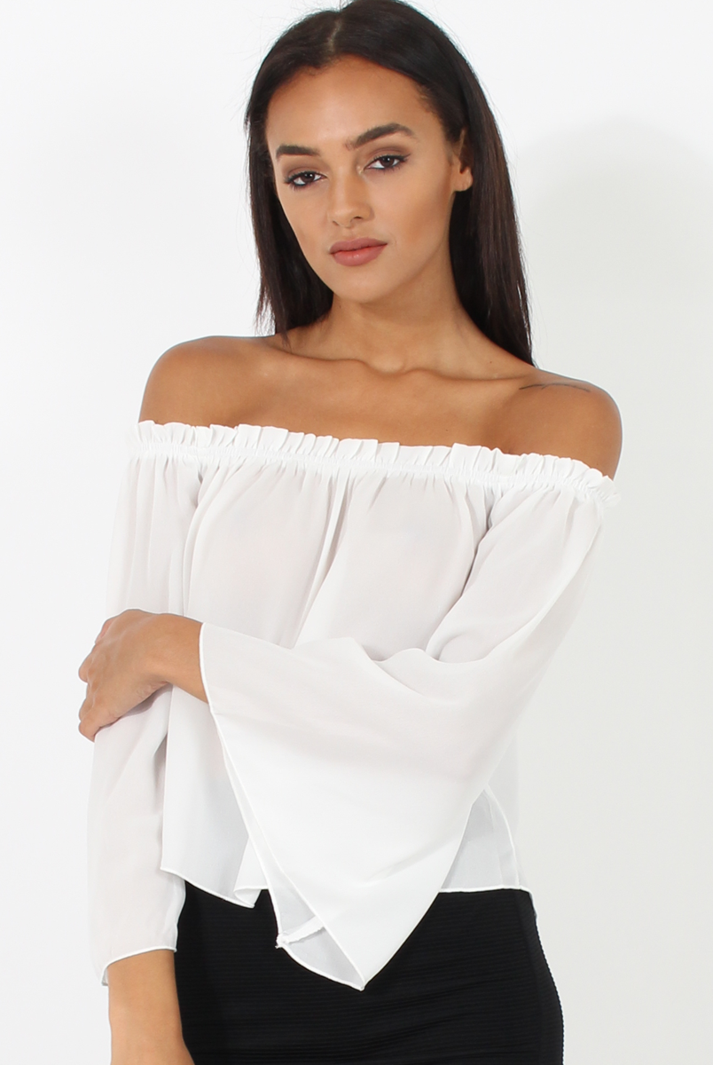 White Bardot Three Quarter Bell Sleeve Crop- Chantelle-Crop Tops