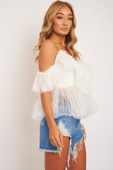 White Bardot Tie Front Tulle Top - Jax-Tops