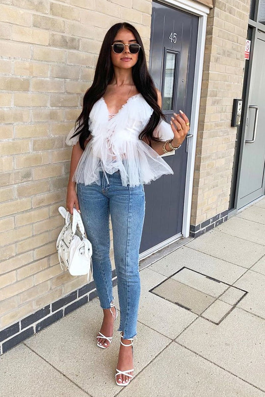 White Bardot Tie Front Tulle Top - Jax