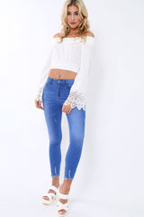 White Bardot Top with Crochet Sleeve Trim - Evannah-Tops