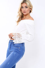 White Bardot Top with Crochet Sleeve Trim - Evannah-Tops