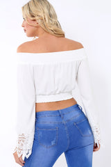 White Bardot Top with Crochet Sleeve Trim - Evannah-Tops