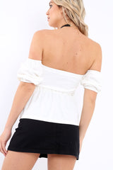 White Bardot V Plunge Ruffle Hem Top - Norah-Tops