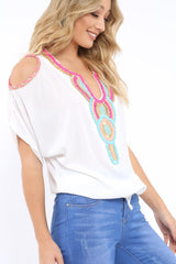 White Beaded Sheer Cold Shoulder Top - Brielle-Tops