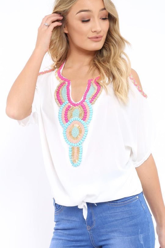 White Beaded Sheer Cold Shoulder Top - Brielle