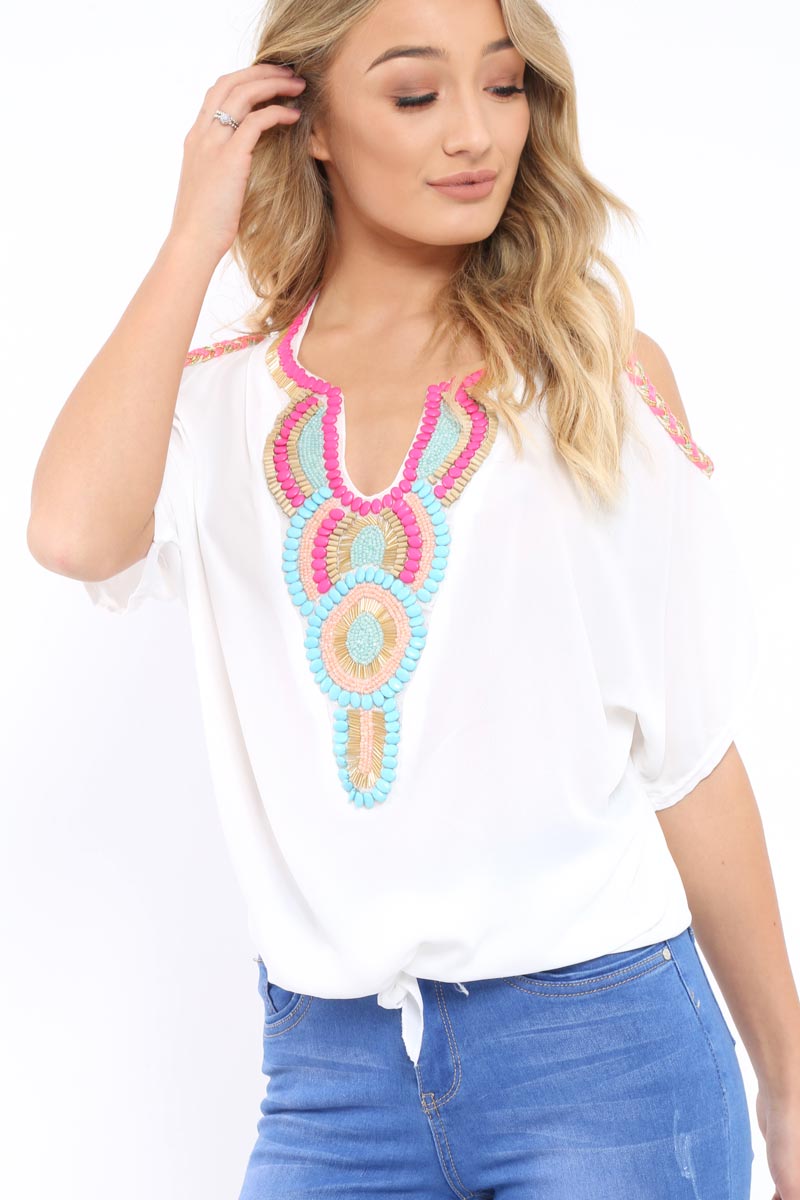 White Beaded Sheer Cold Shoulder Top - Brielle-Tops