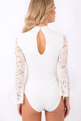 White Bell Sleeve Lace Insert Choker Bodysuit - Evie-Bodysuits