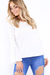 White Bell Sleeved Top with Lace up Detail - Fate-Tops
