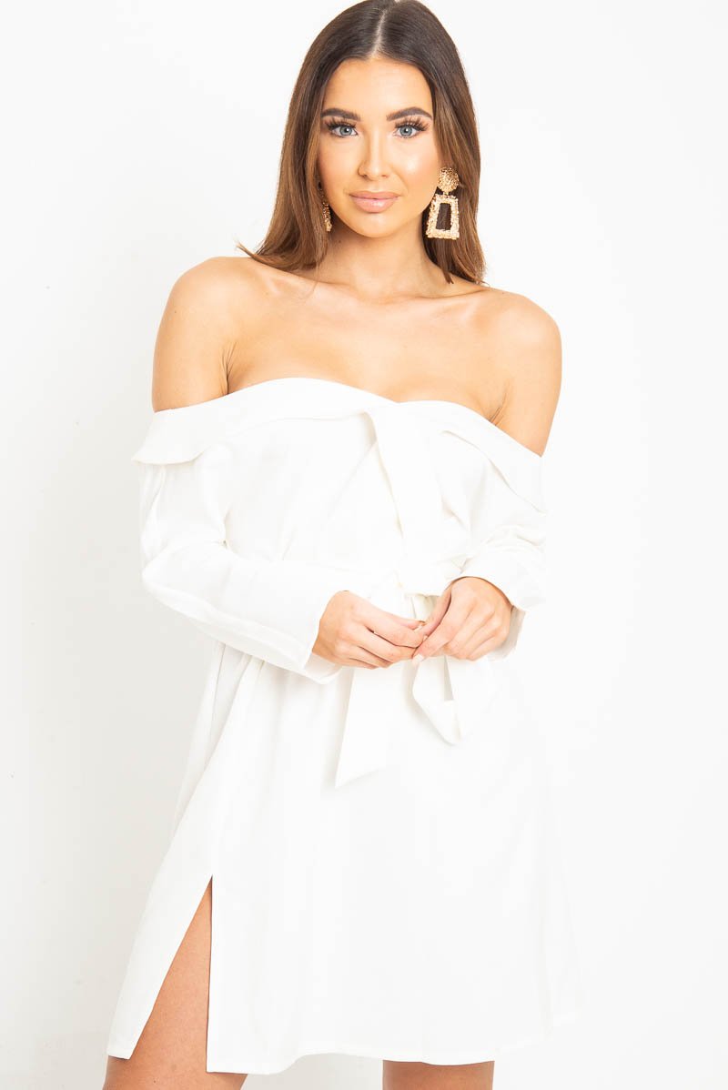 White Belted Bardot Skater Dress - Jencie-Dresses