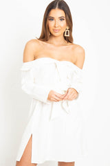White Belted Bardot Skater Dress - Jencie-Dresses