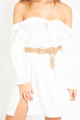 White Belted Bardot Skater Dress - Jencie-Dresses