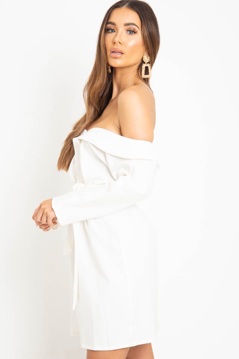 White Belted Bardot Skater Dress - Jencie-Dresses