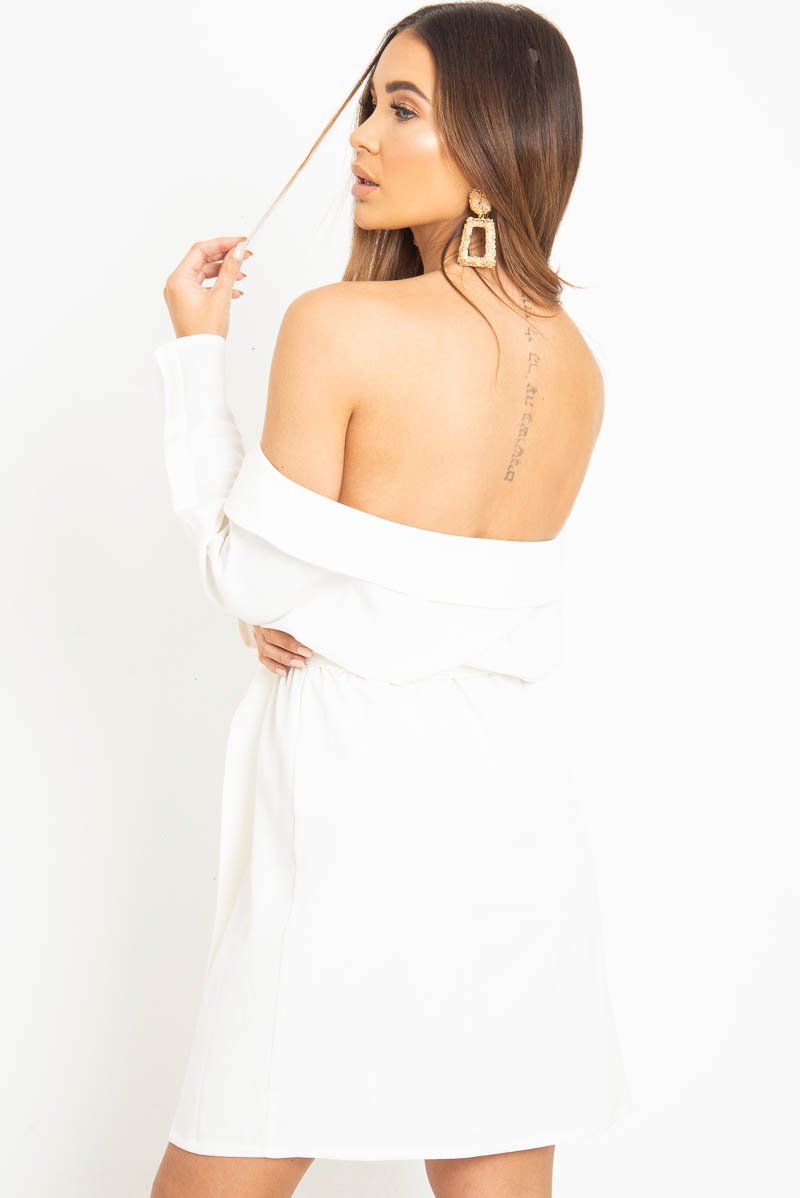 White Belted Bardot Skater Dress - Jencie-Dresses