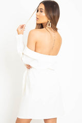 White Belted Bardot Skater Dress - Jencie-Dresses