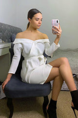 White Belted Bardot Skater Dress - Jencie-Dresses