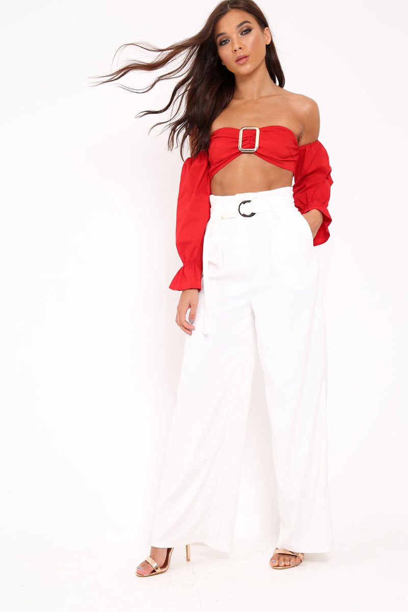 White Belted High Waist Wide Leg Trousers - Elianny-Trousers