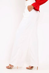 White Belted High Waist Wide Leg Trousers - Elianny-Trousers
