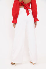 White Belted High Waist Wide Leg Trousers - Elianny-Trousers
