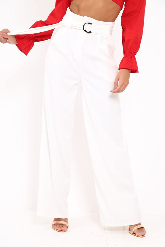 White Belted High Waist Wide Leg Trousers - Elianny