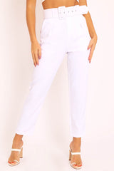 White Belted Tapered Peg Trousers - Jessika-Trousers