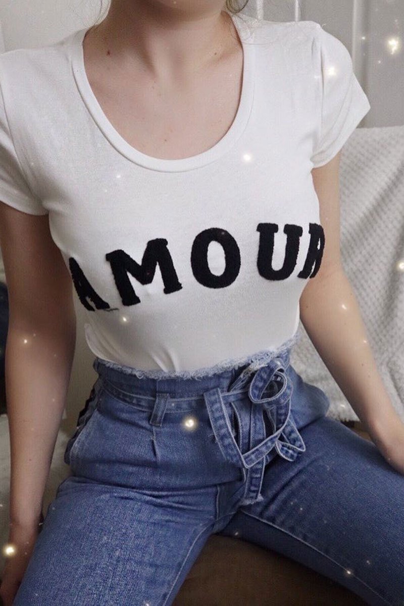 White Black Amour Textured Slogan Tee - Andelyn-T-shirt