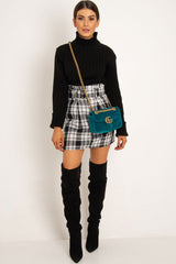 White Black Check Belted Pleated Mini Skirt - Danyka-Skirts