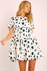 White Black Cow Print Tiered Smock Dress - Makensi-Dresses