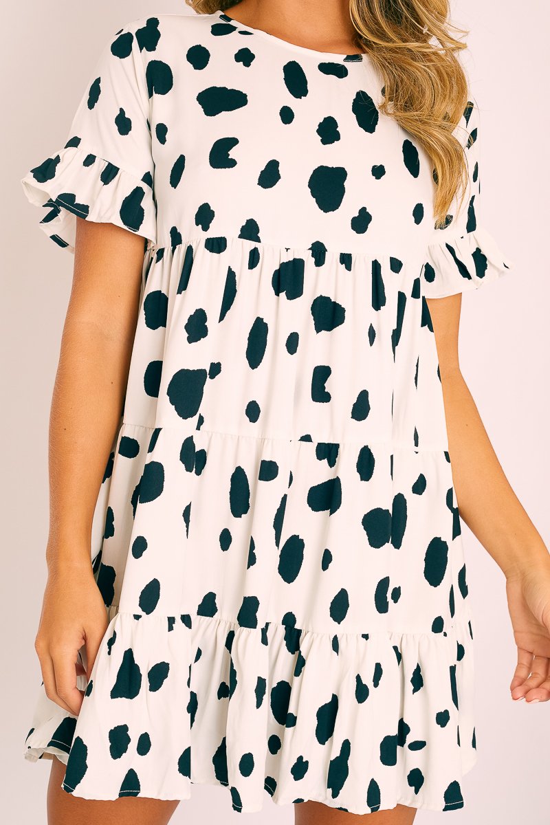 White Black Cow Print Tiered Smock Dress - Makensi-Dresses
