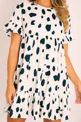 White Black Cow Print Tiered Smock Dress - Makensi-Dresses