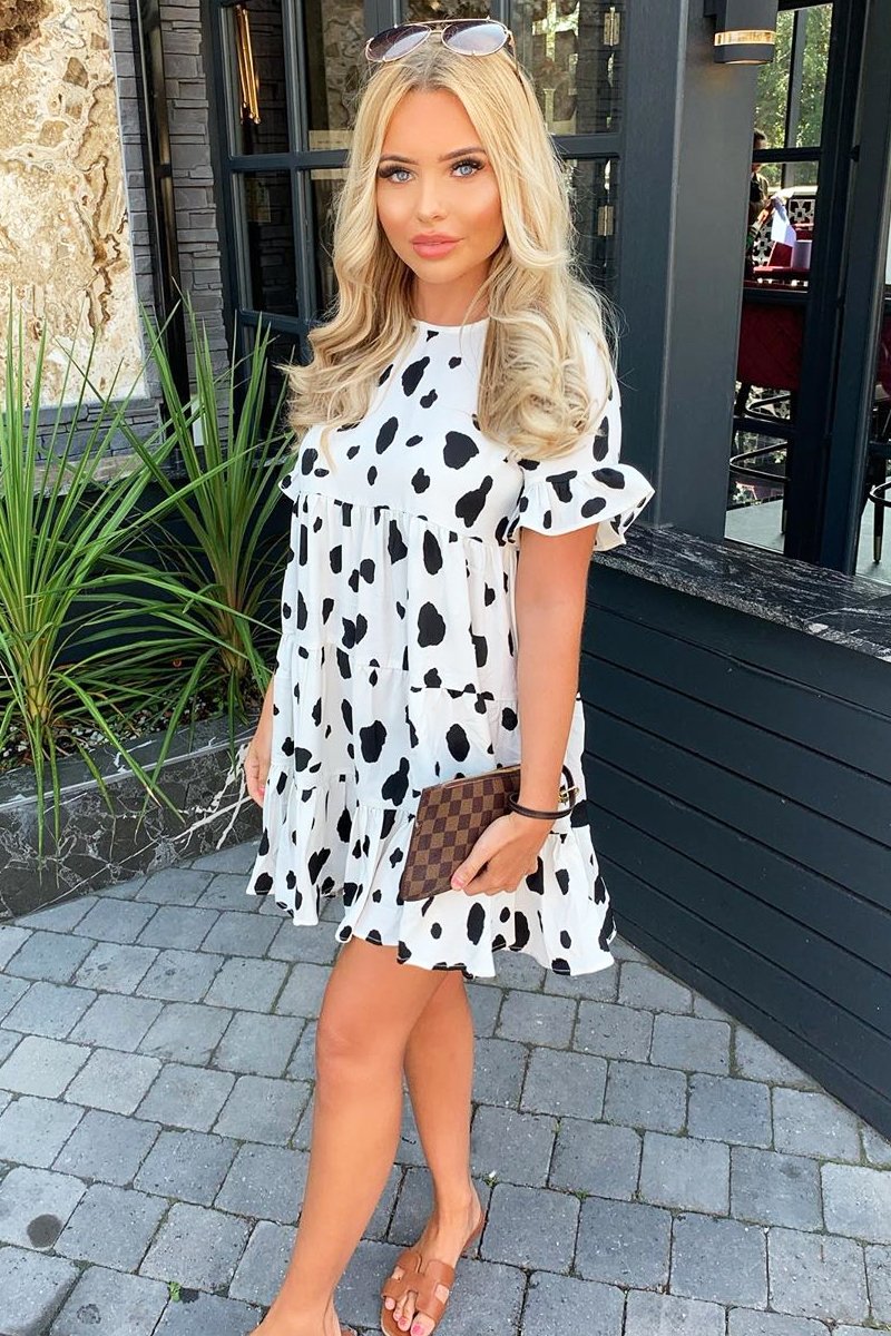 White Black Cow Print Tiered Smock Dress - Makensi-Dresses