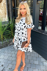 White Black Cow Print Tiered Smock Dress - Makensi-Dresses