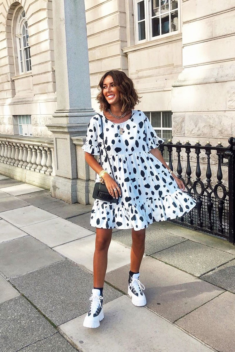White Black Cow Print Tiered Smock Dress - Makensi-Dresses