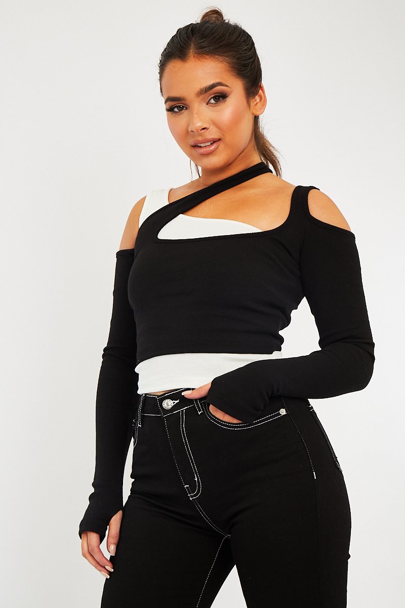 White Black Cut Out Panel Crop Top - Crissy-Tops