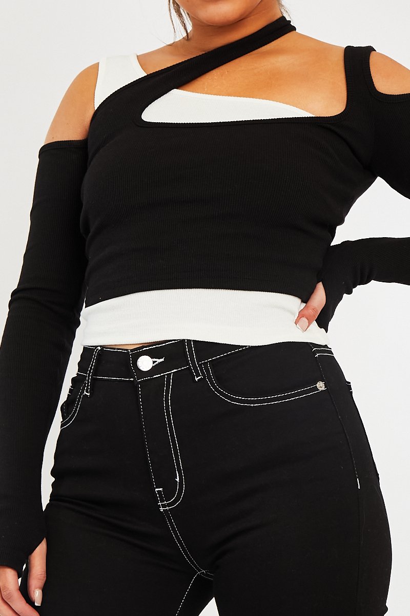 White Black Cut Out Panel Crop Top - Crissy-Tops