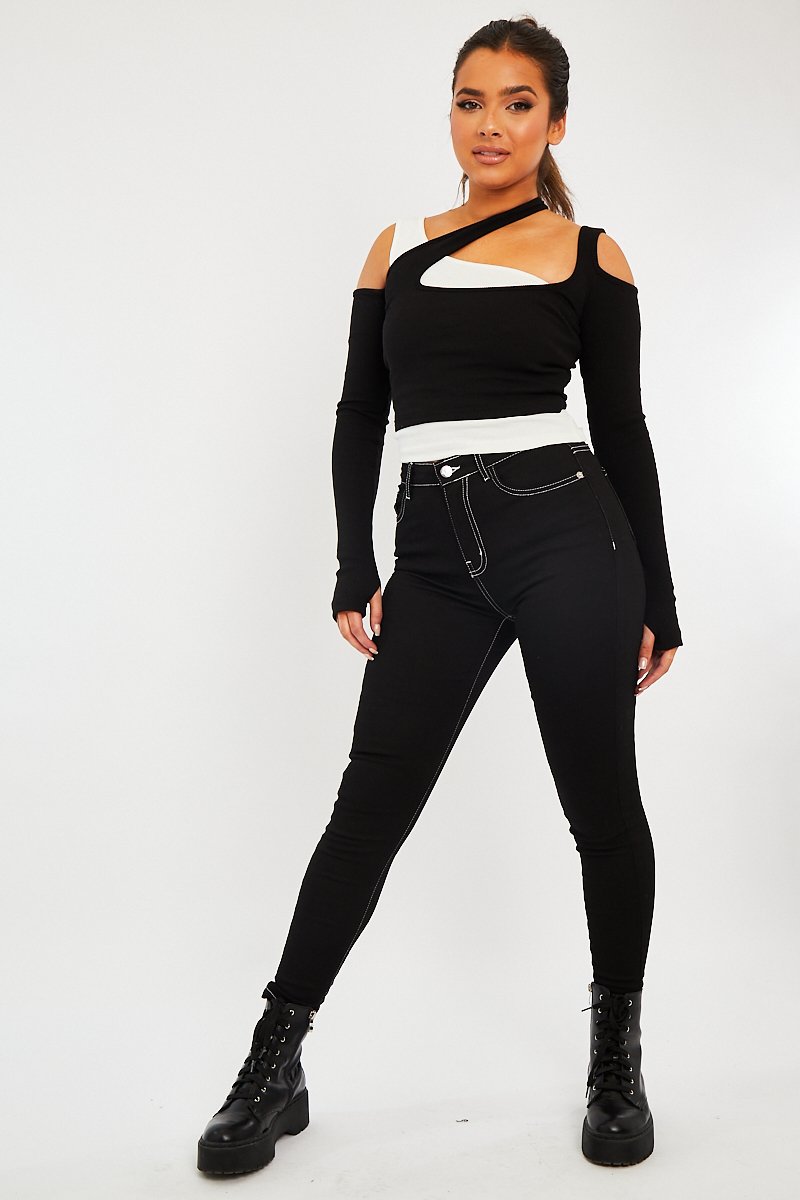 White Black Cut Out Panel Crop Top - Crissy-Tops