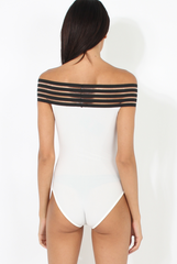 White & Black Elasticated Bardot BodySuit - Jill-Bodysuits