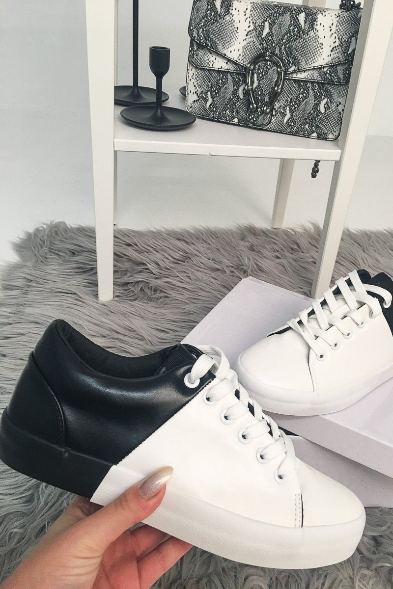 White Black Faux Leather Colour Block Trainers - Rissie-Trainers