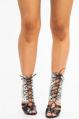 White Black Faux Snake Lace Up Stiletto Boots - Zen-Shoes