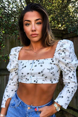 White Black Floral Puff Sleeve Zip Back Crop Top - Carie-Crop Tops
