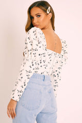 White Black Floral Puff Sleeve Zip Back Crop Top - Carie-Crop Tops